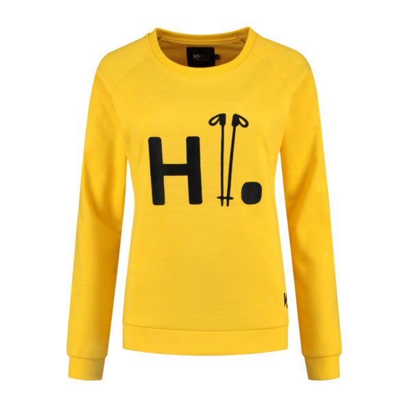 Ladies sweater greetings yellow front